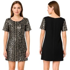 Gianni Bini Women's Dress XS Black Beige Sequin Short Sleeve Party Cocktail