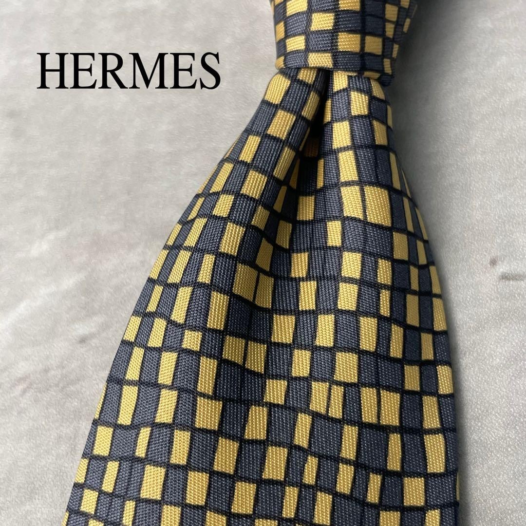 HERMES checkered art pattern random block tie, ye… - image 1