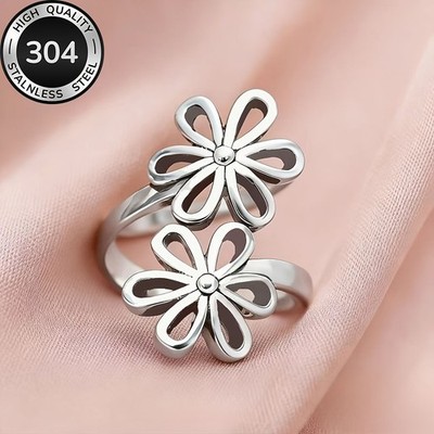 304 Edelstahl Doppel Gänseblümchen Blume Ring verstellbar offen Bandring