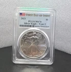 2021 $1 American Silver Eagle Type 2 PCGS MS 70 First Day of Issue Flag Label