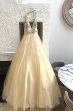 Mac Duggal Halter Evening Gown Dress Vanilla Champagne Formal Size 2 Tulle 358