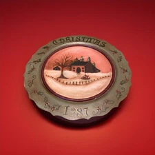 Wooden Hand Painted Christmas Winter Scene Primitive Decorative Plate 12”