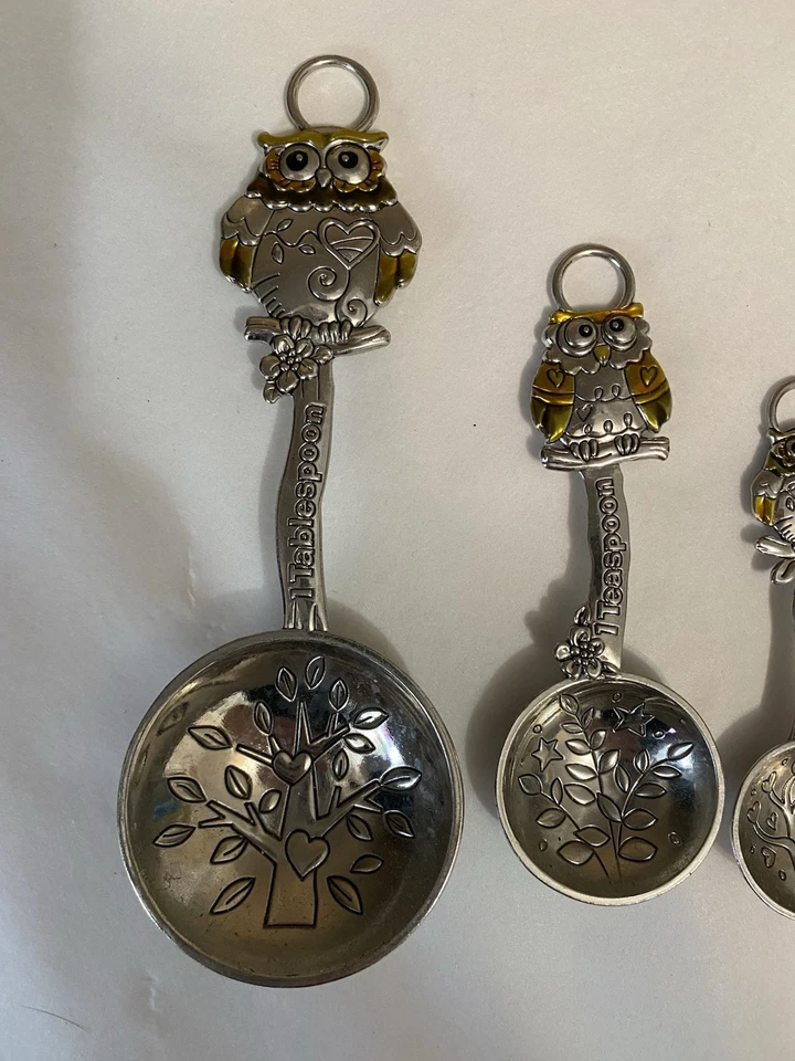 Owls Measuring Spoons Amber Silver Owls Branches Tree Hearts 4 Pc Set - Image 2 of 4