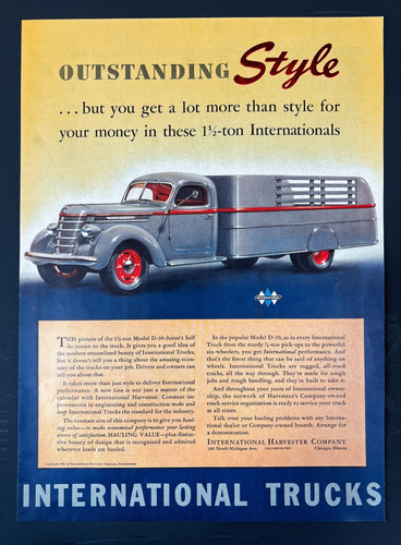 1939 International Harvester Co Trucks 1.5 Ton Model D-30 Style Vintage Print Ad