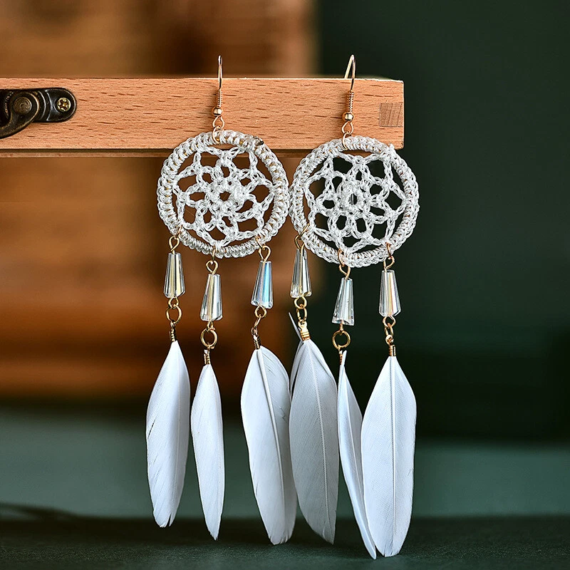 Pendientes colgantes de borla larga retro boho de plumas para mujer Foto 3 de 4