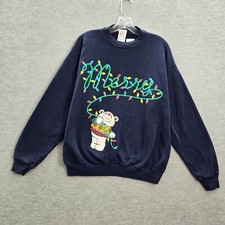 VINTAGE BJ Designer Women Sweatshirt XL Blue Merry Christmas Light Bear USA Made