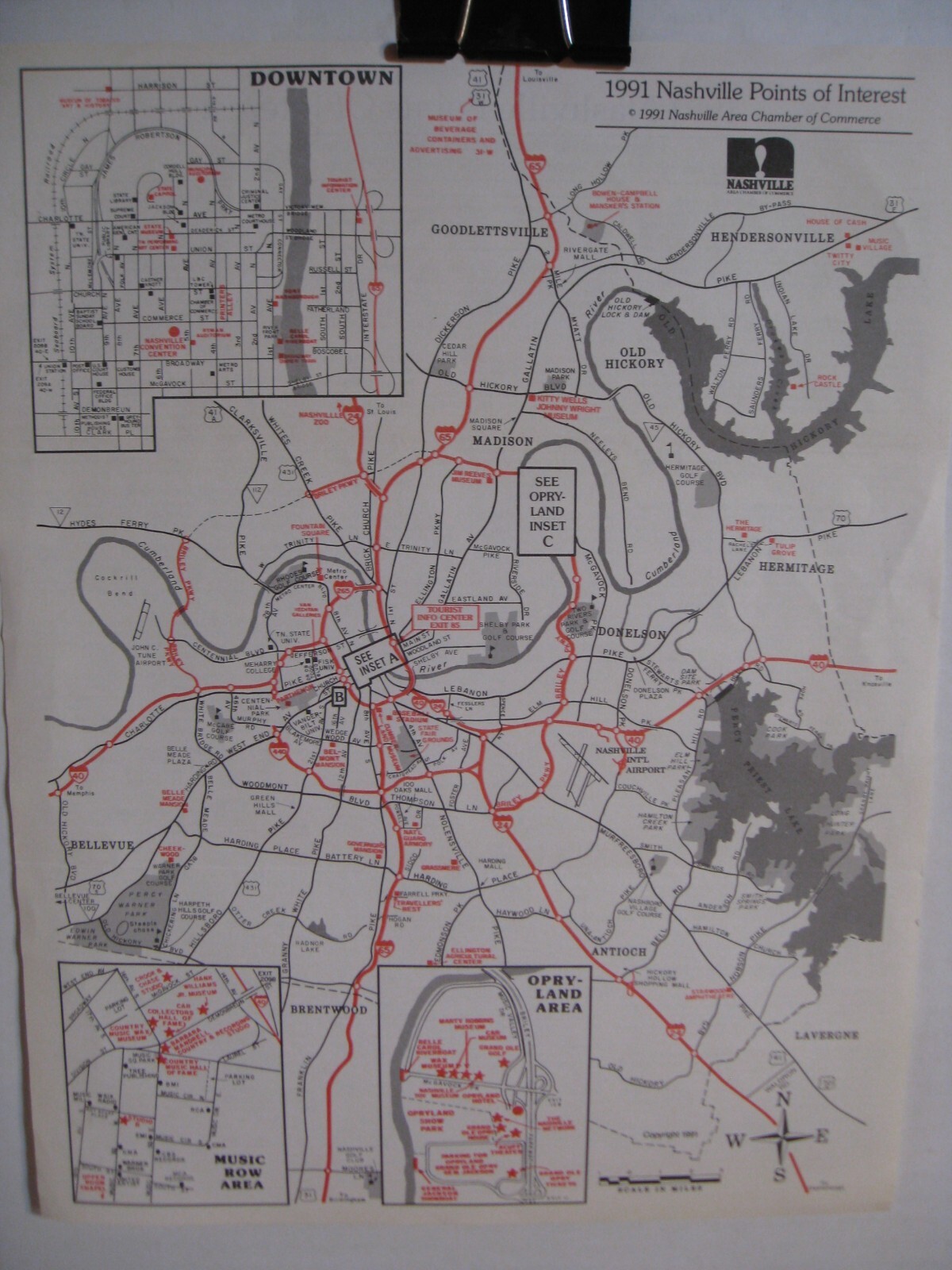 Map of Nashville - 1991 Nashville Points of Interest - Chamber of Commerce-  Opry | eBay