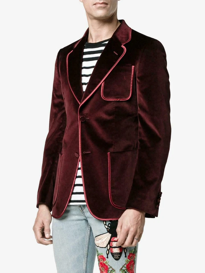 Chaqueta Blazer Abrigo Para Hombres Terciopelo Borgoña Fumar Lujo Ropa de Fiesta Boda Cena Foto 2 de 4