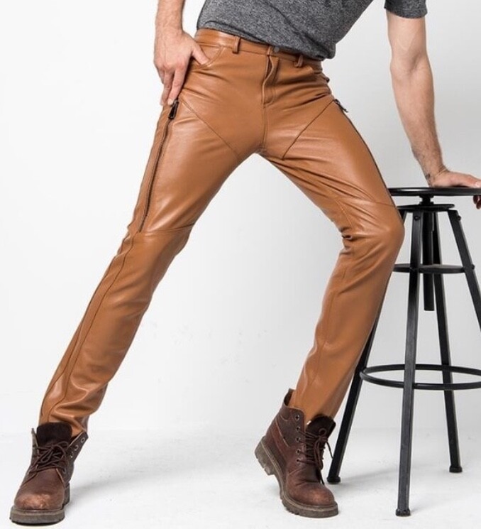 New Men Genuine Leather Pants Men's Winter Slim Camel Brown