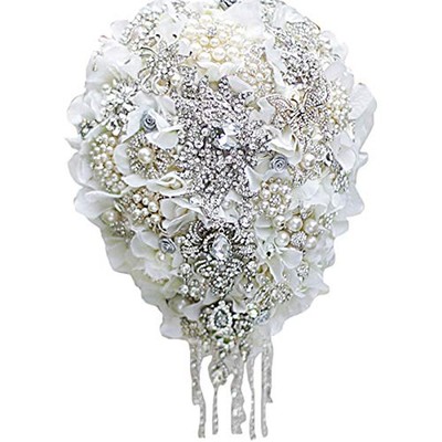 White Hydrangea Drop Brooch Bouquet Silver Wedding Bouquets Crystal Teardrop ...