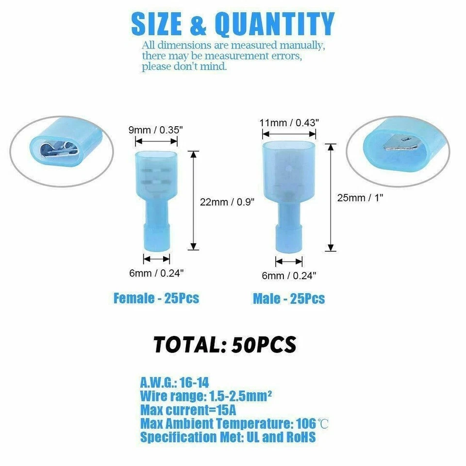 50x Kabelschuh Steckverbinder Flachstecker Flachsteckhülsen 1.5 - 2.5 mm² Set - Bild 2 von 4