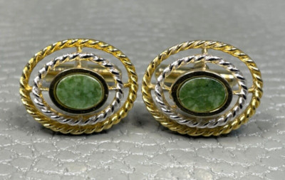 Vintage Concentric Rope Border Jade Yellow Gold Plated Cuff Links