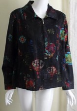 Chico's Sz 2 L Black Asian Art-to-Wear Cotton Twill Characters Zip Jacket Blazer