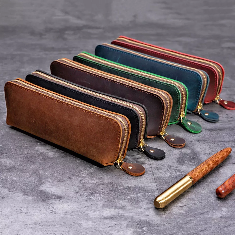 Cowhide Leather Zipper Pen Pencil Case Vintage School Stationery