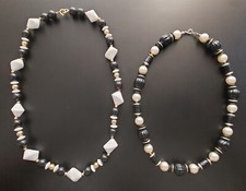 2Vintage Black, White, Red Gold Beaded Necklaces Geometric Shapes 22" 20"