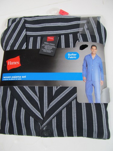 Hanes Men's Woven Pajama Set Black Gray Stripe Size S Small Long Sleeve Pants M