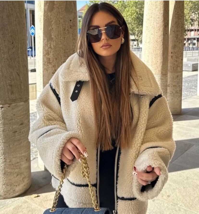 AUTHENTIC ZARA ECRU FAUX FUR BIKER JACKET SHEARLING AVIATOR OVER