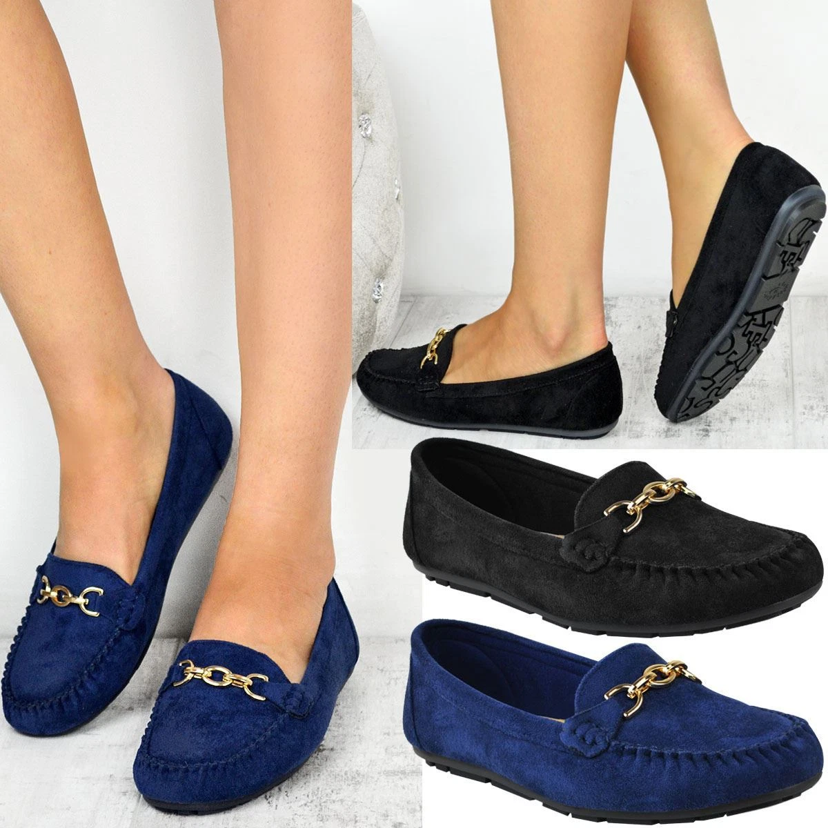 Womens Girls Black Flat Loafers Shoes Driving Moccasin Pumps School Work Office