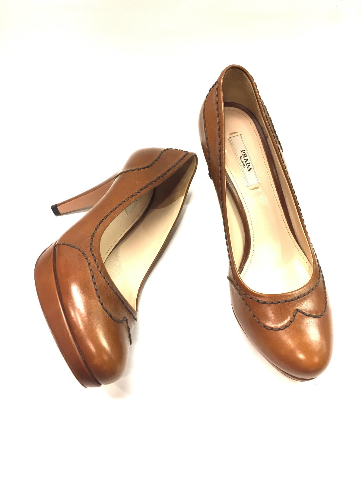 PRADA Tan Leather Rounded-Toe Stitching Accent Pl… - image 4