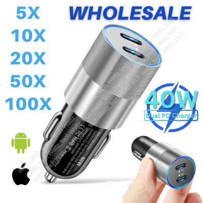 100X Lot 40W Dual USB-C Fast Car Charger Type-C Adapter For iPhone iPad Android