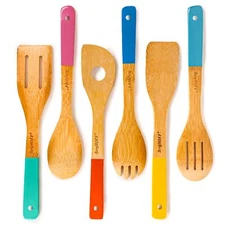 Bamboo 6pc Utensil Set Slotted & Plain Spatula Slotted Spoon Serving Spoon Spagh