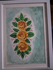canal barge folk art,  three yellow roses and leaves, framed, new unique