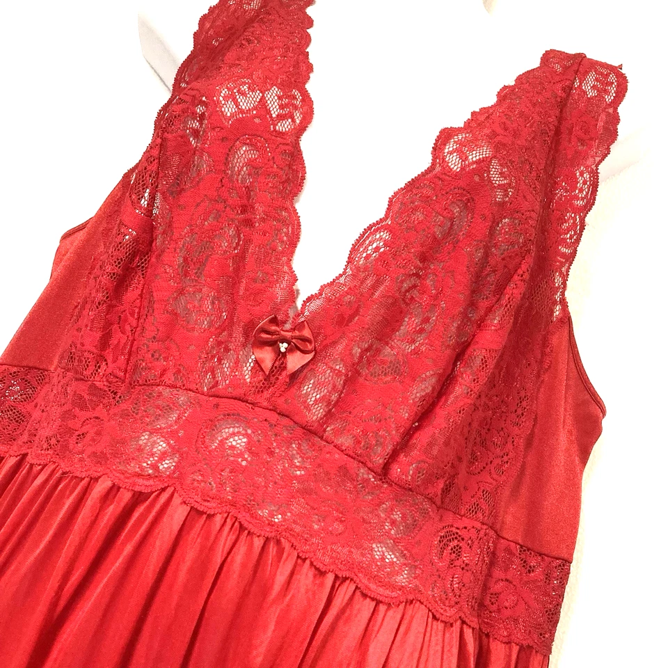 Vintage Shadowline Long Nightgown Size 2X Red Full Sweep Nylon Lace - Image 2 of 4