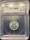 1943 Steel Penny ICG MS66 Brilliant Uncirculated WWII Lincoln Cents