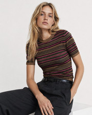 PRADA Copper Pink Black Metallic Stripe Short Sleeve Knit Sweater Top 38 = 2 XS