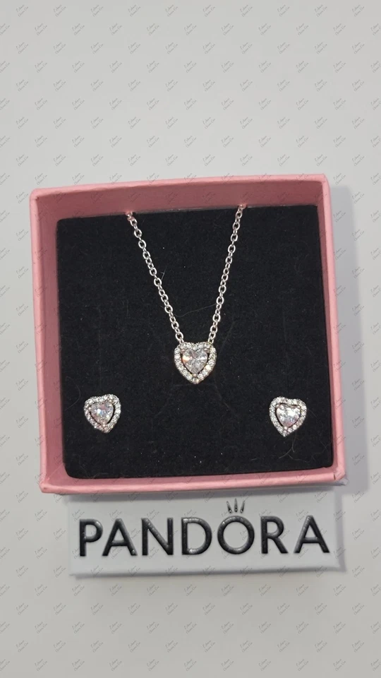 Genuino PANDORA Corazón Elevado Plata Collar y Pendientes Set de Regalo con Caja Foto 2 de 4