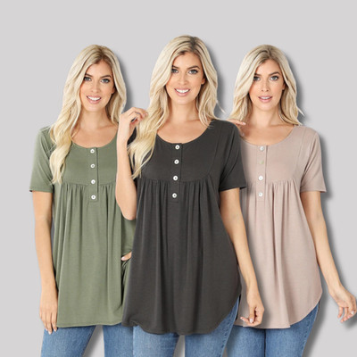 Women's Round Neck Loose Fit Yoke Shirring Top Shell Buttons Short Sleeve Tunic