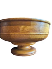 Vtg Patchwork Oak Wood Pedestal Bowl Footed Fruit Display MCM Farm Decorative