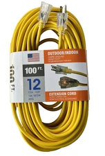 100FT Heavy Duty Extension Cord – 12 Gauge 3 Wire, Yellow, Lighted Plug