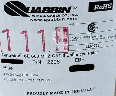 Quabbin 2206 24/4P Cat6 Datamax 6e Patch Cord Cable 600MHz Riser CMR Blue /100ft