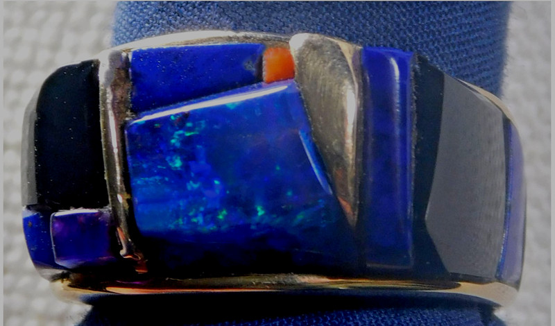 NATIVE AMERICAN 14K Gold BLACK OPAL Multi Stone Inlay HANDMADE RING Sz 9. Estate