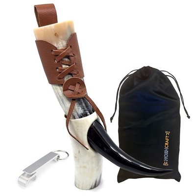 Wikinger Trinkhorn Bierkrug mit Ständer und Holster 10 - 12 cm lang