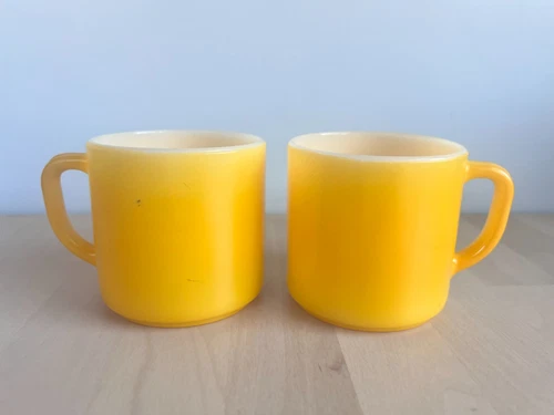 Vintage Federal Yellow Milk Glass Coffee Cup Mug with D Handle Set of 2