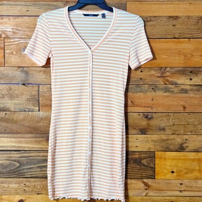 Vero Moda Striped Ribbed Knit Mini Dress Summer Button Front V Neck XS 