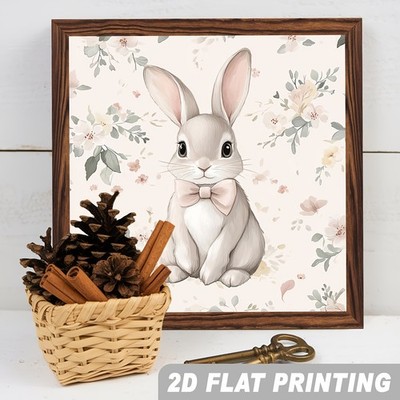 Easter Bunny with Pink Bow Wooden Plaque Floral Watercolor Rustic Wall Decor