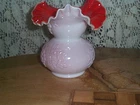 Vintage Fenton ruffle top vase  white milk glass with grape pattern  red inside