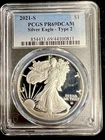 2021-S Proof Type 2 American Silver Eagle $1 PCGS PR69DCAM Blue Label