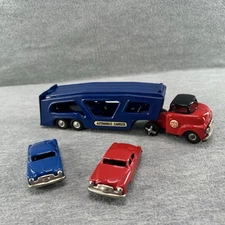 SSS TIN TOY - Vintage Blue Automobile Carrier Friction Red Truck w/ Two Cars  Z3