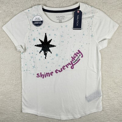 Nautica Girls Shine Everyday Sequin Shirt Sequin Marshmallow L