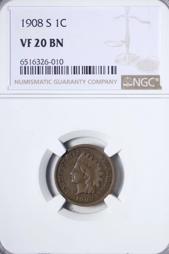 1908-S Indian Head Cent Penny NGC VF20 Semi-Key Date YCCZ