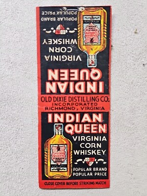Rare Indian Queen Virginia Whiskey Old Dixie Distilling Vintage Matchbook Cover 