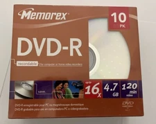 10 PACK MEMOREX DVD-R WITH JEWEL CASES 16X 4.7GB 120 MINUTE NEW SEALED