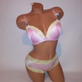 Victoria Secret Bra Set Tease Push Up Cheeky Panty Pink Yellow Lace Trim New