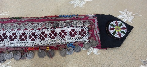 Handmade Vintage Kuchi Beaded Coin Belt – Maroon & Silver Tribal Waistband - Picture 2 of 4