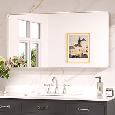 Brushed Nickel 42x20 Inch Rounded Rectangle Bathroom Mirror for Wall Decor