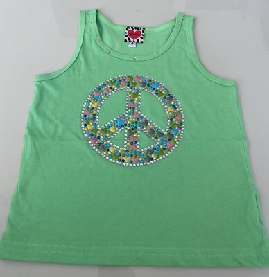 $48 NWT GIRLS NEON GREEN STUDDED/ CRYSTAL PEACE SIGN TANK SZ 4 BY HEARTACHE